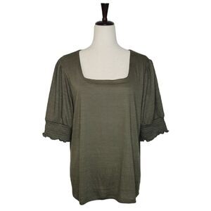 Nine West Army Green Textured Square Neck Elbow Sleeve Stretch Knit Blou…